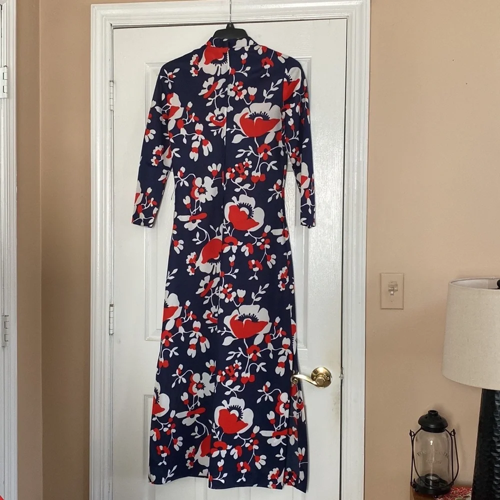 VTG 60’s Red White Navy Blue Floral Print Hawaiian Maxi Dress - Picture 4 of 16